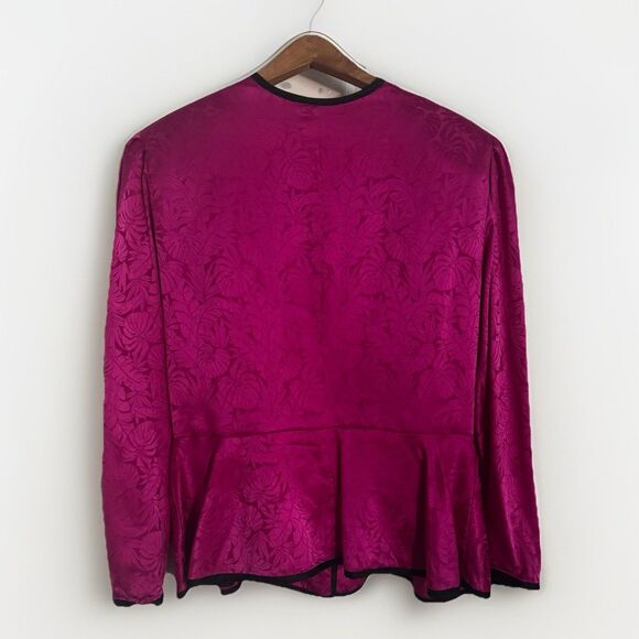 VTG Jack Mulqueen Silk Blouse Peplum Pink Print Black Button Up Womens Size 14 - Picture 2 of 12